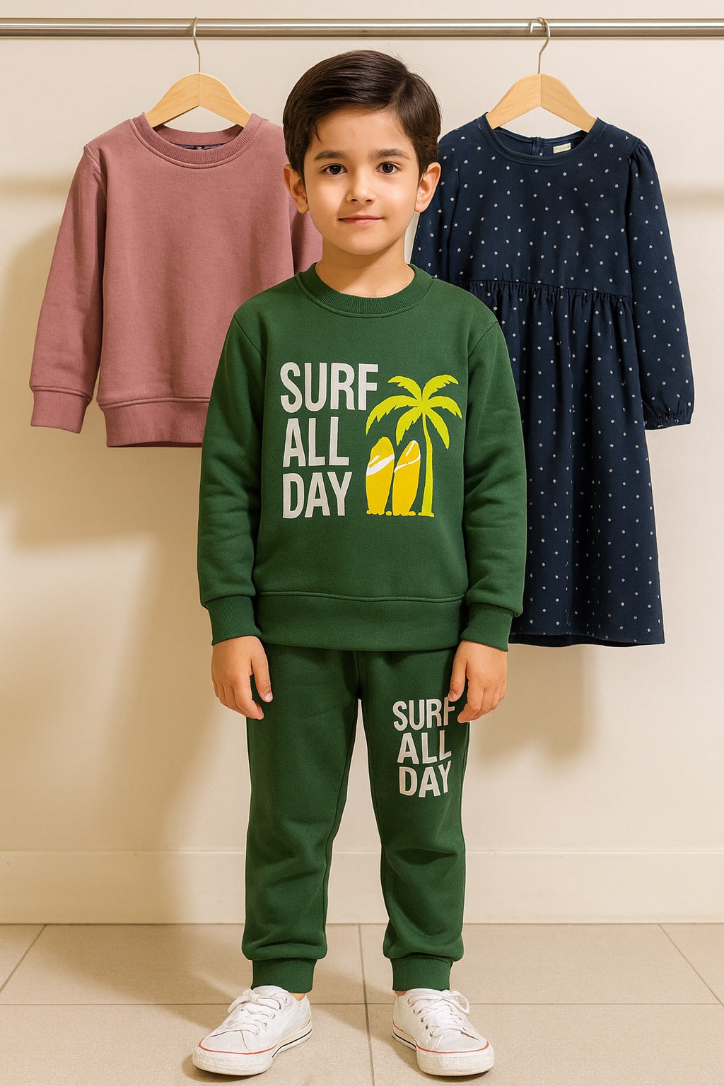 Winter – Soft & Cozy Green Surf Theme Fleece Tracksuit for Kids