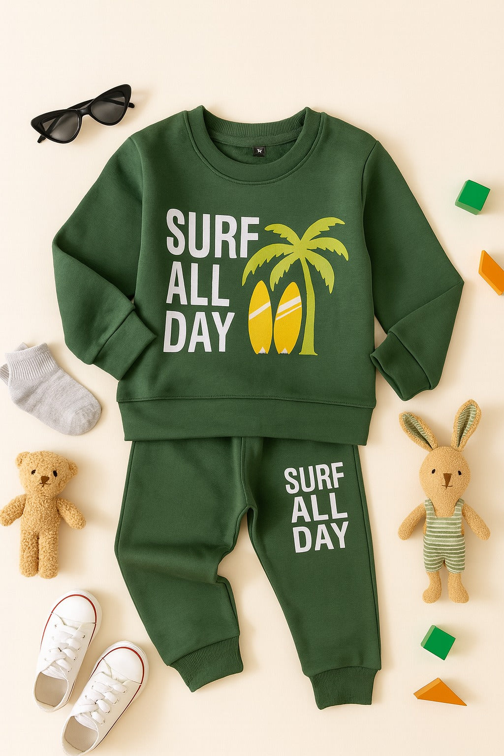 Winter – Soft & Cozy Green Surf Theme Fleece Tracksuit for Kids